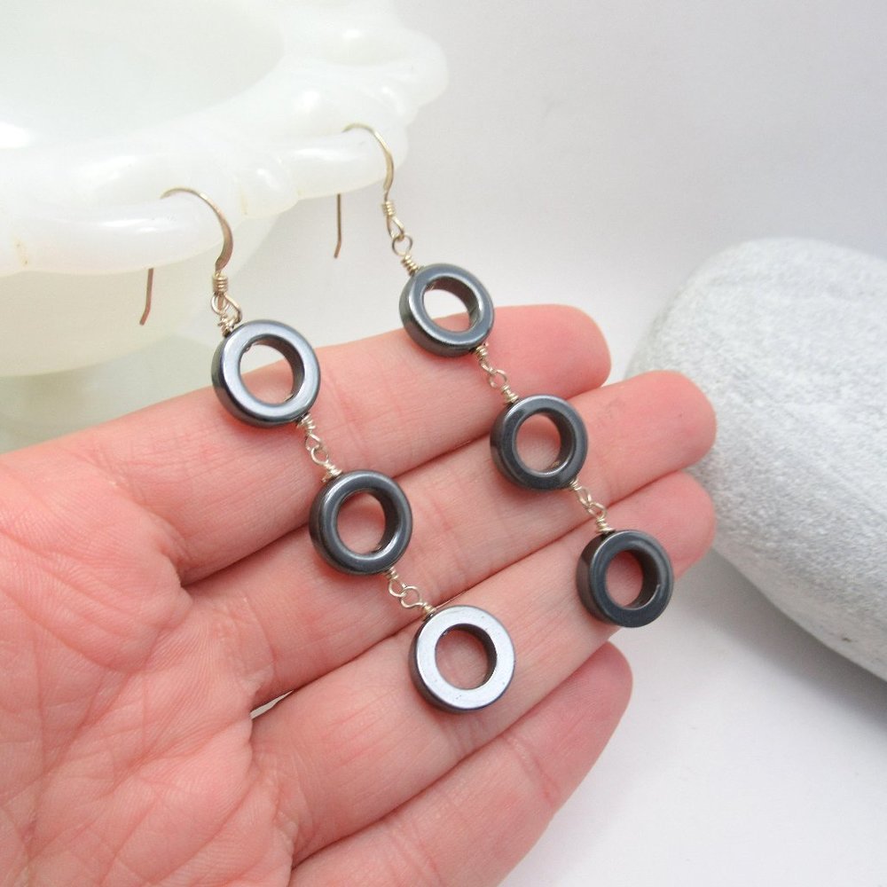 Sterling Hematite Donut earrings - Picture 2 of 8